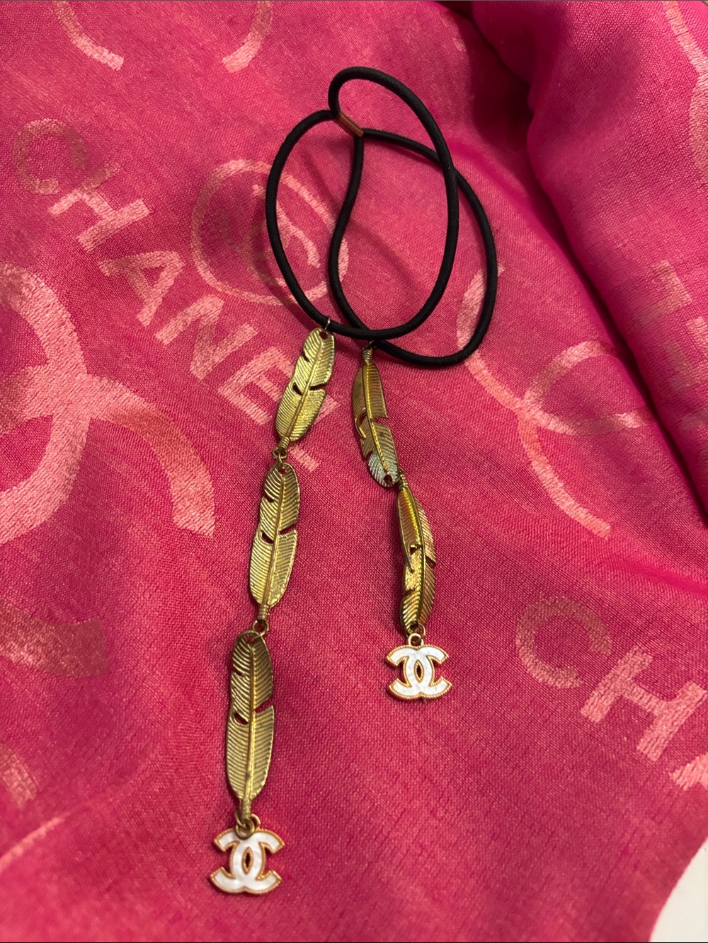 CHANEL Black Elastic Hair Ties with Gold Feather Chains and White CC Charms